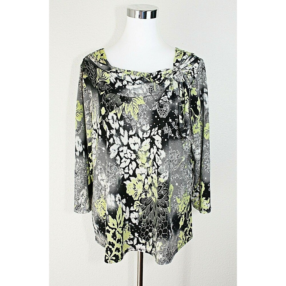 BRITTANY BLACK Knit Top Sz. 1X White Green Floral LS Ties Party Casual Fairy #03